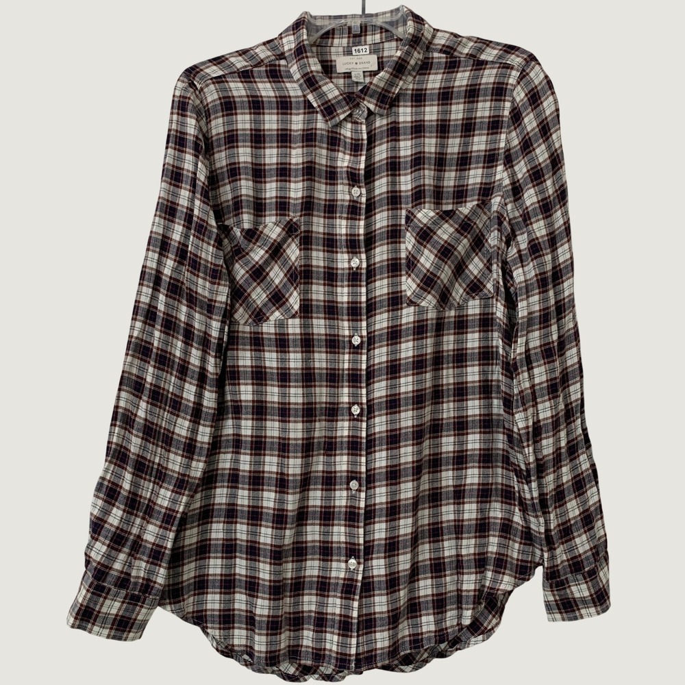 Lucky Brand Plaid Shirt Womens Large White Burgundy Split Back Button Front Top
